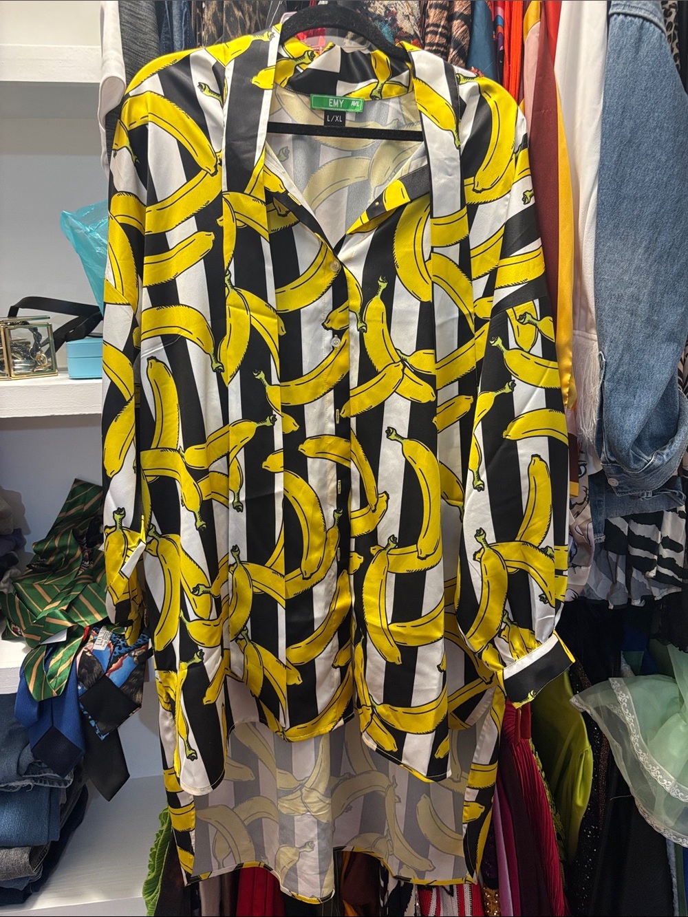 Playful Yellow Banana-Print Button-Up Tunic Top